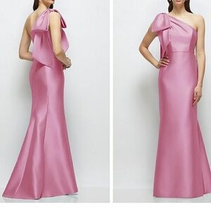 NWT ALFRED SUNG One-Shoulder Powder Pink Satin Maxi Dress with Shoulder Bow